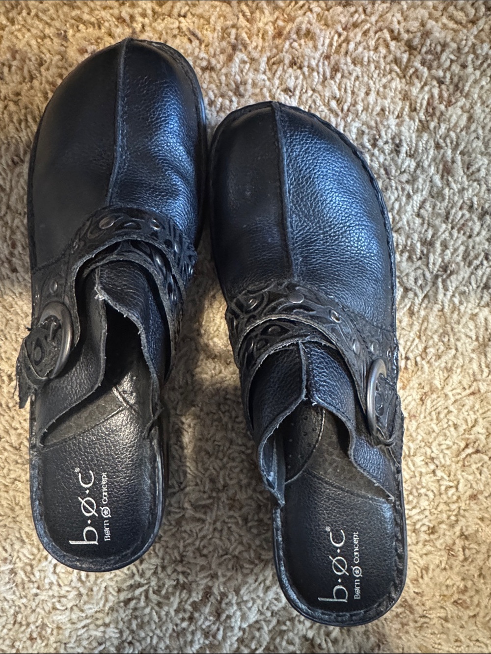 b.o.c. Black Leather Slip-On Clogs with Decorative Strap